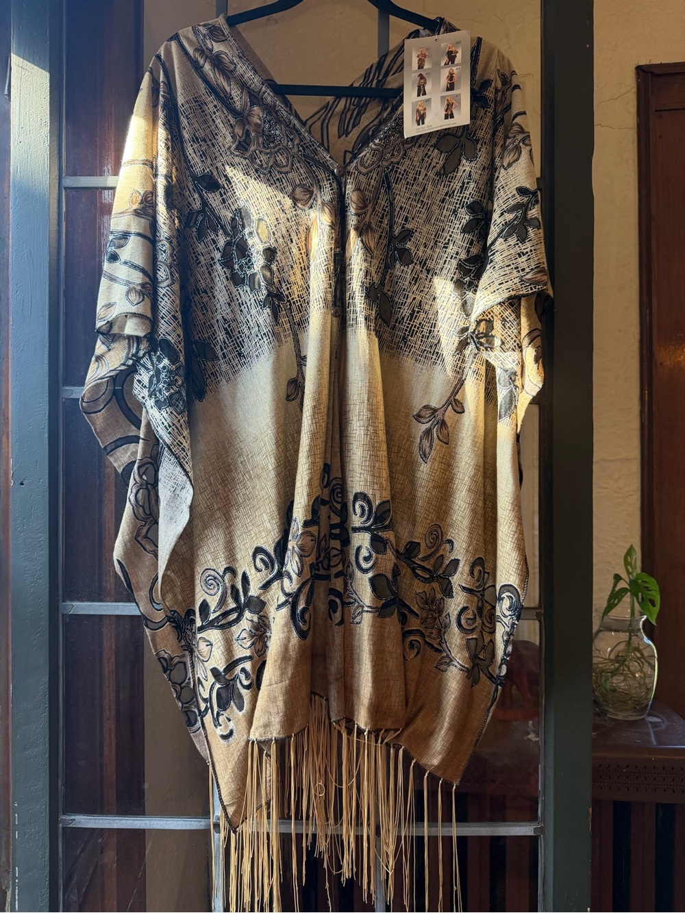 Fringed Boho Duster in Beige and Black